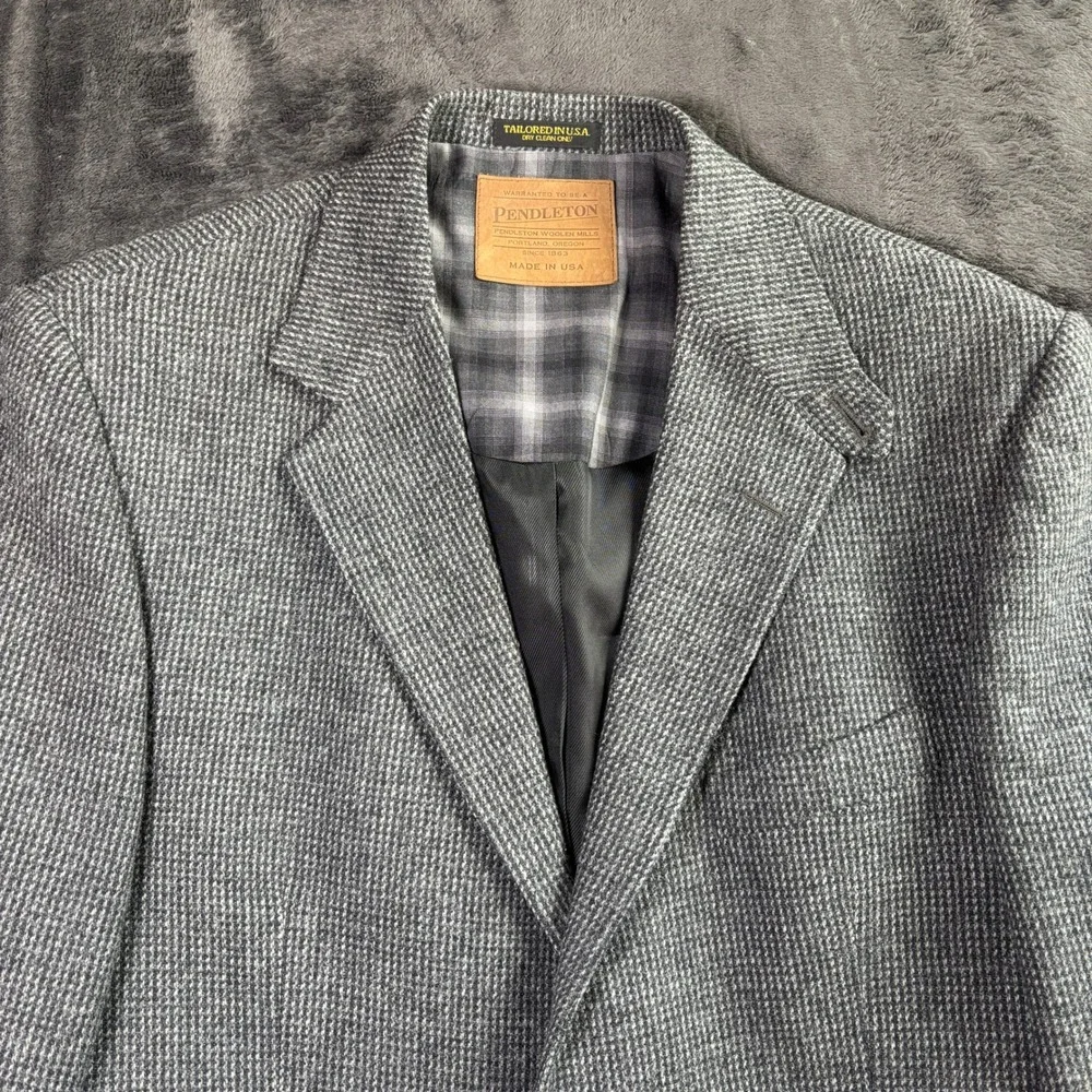 Pendleton Blazer 44R Gray Wool Houndstooth Suede Elbow Patches Heritage Academia